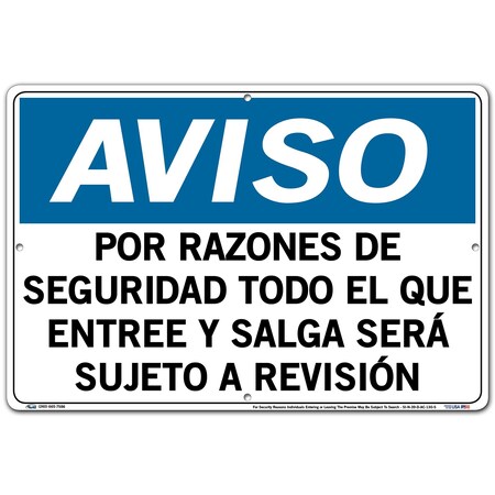 Vestil Aluminum Composite Sign, 12-1/2" Height, 18-1/2" Width, Aluminum Composite, Rectangle, Spanish SI-N-39-D-AC-130-S